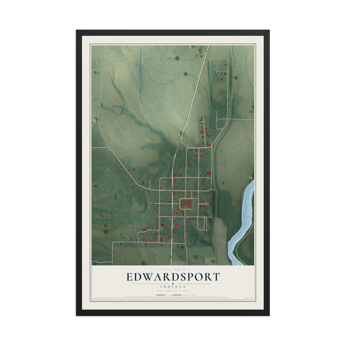 Map of Edwardsport, Indiana, 12 x 18 inch print in a black wood frame