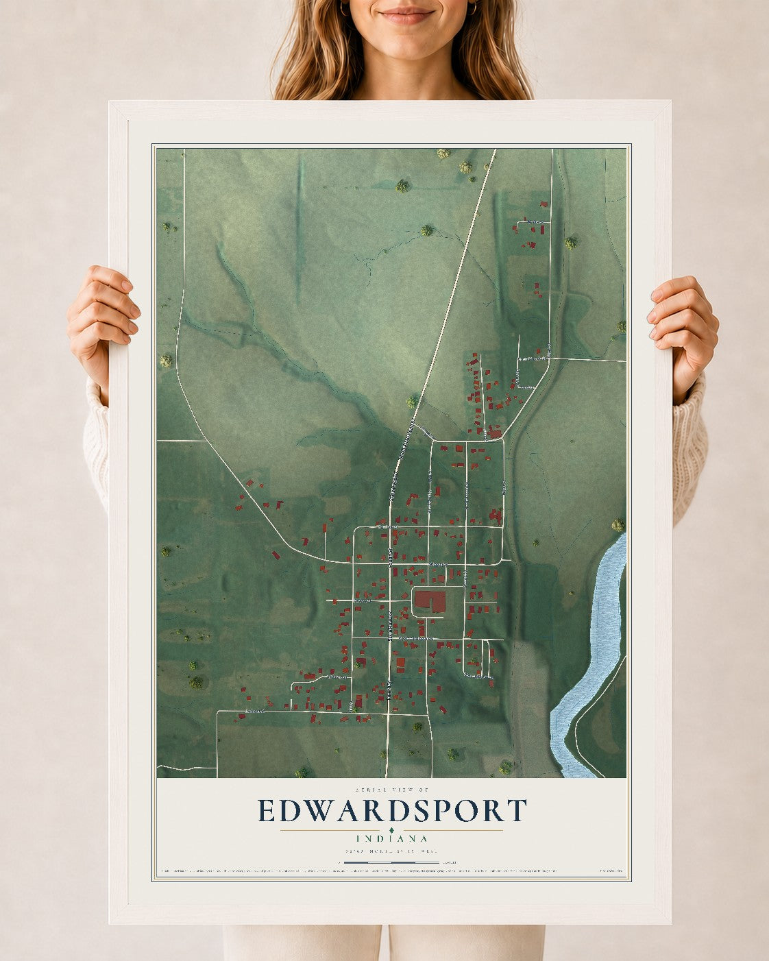 Map of Edwardsport, Indiana, 24 x 36 inch print in a white wood frame