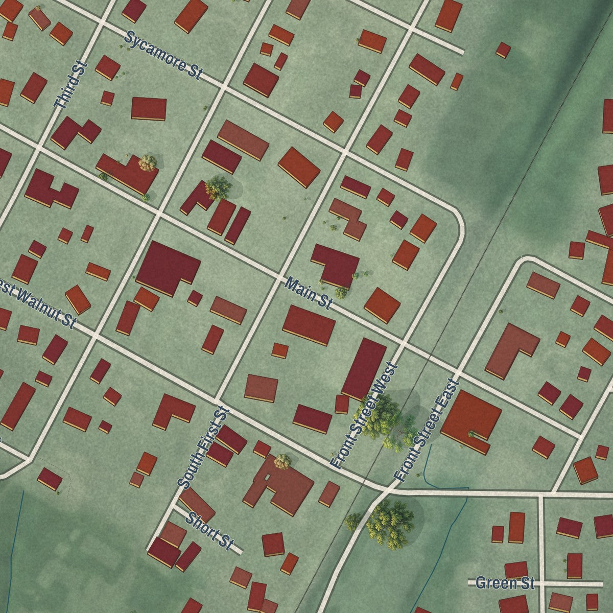 Close-up of the map of Elberfeld, Indiana print showing street and building detail