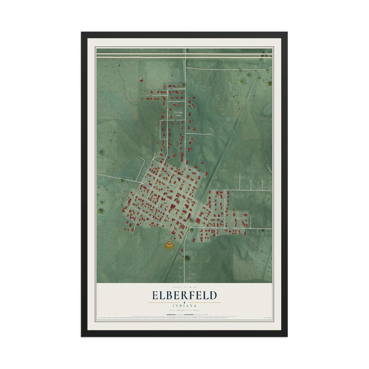Map of Elberfeld, Indiana, 12 x 18 inch print in a black wood frame