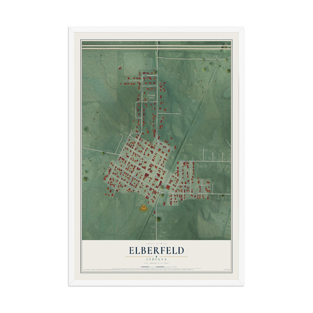 Map of Elberfeld, Indiana, 12 x 18 inch print in a white wood frame