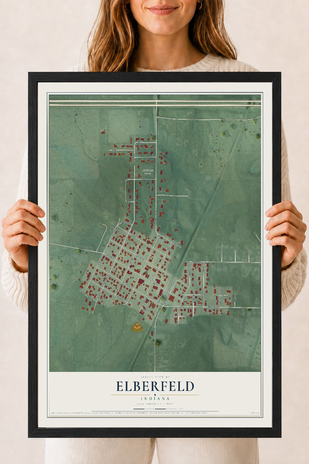 Map of Elberfeld, Indiana, 18 x 24 inch print in a black wood frame