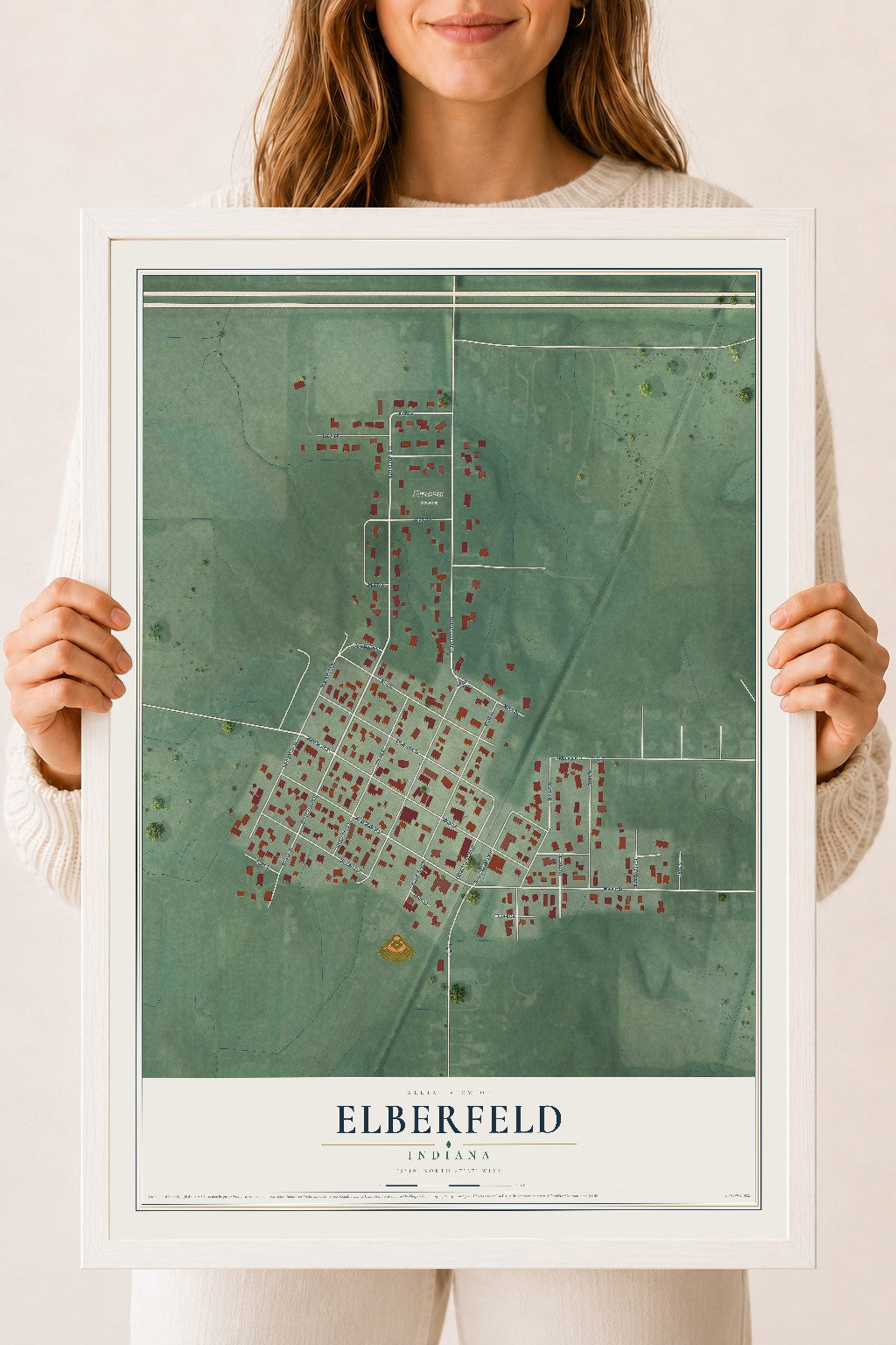 Map of Elberfeld, Indiana, 18 x 24 inch print in a white wood frame