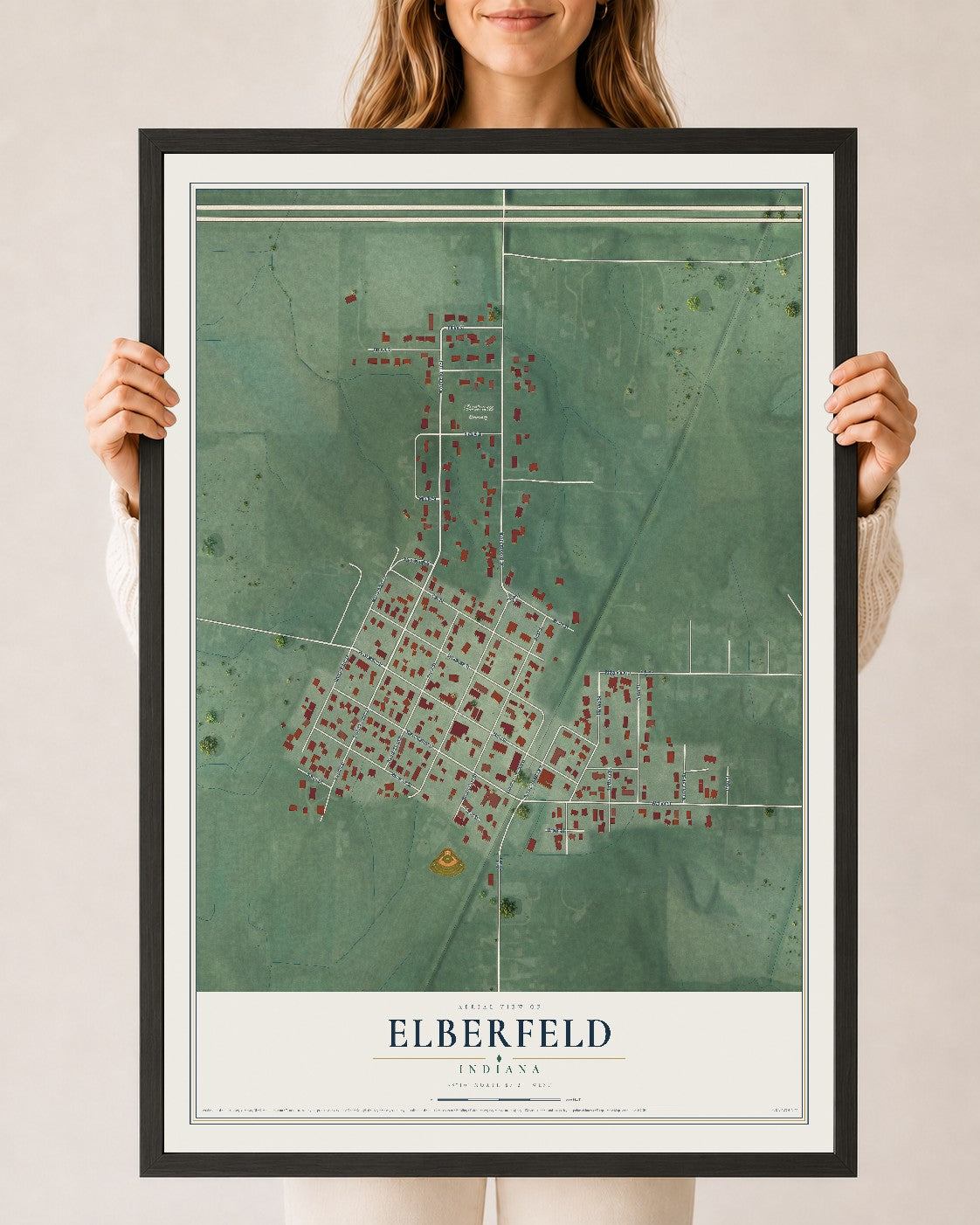 Map of Elberfeld, Indiana, 24 x 36 inch print in a black wood frame