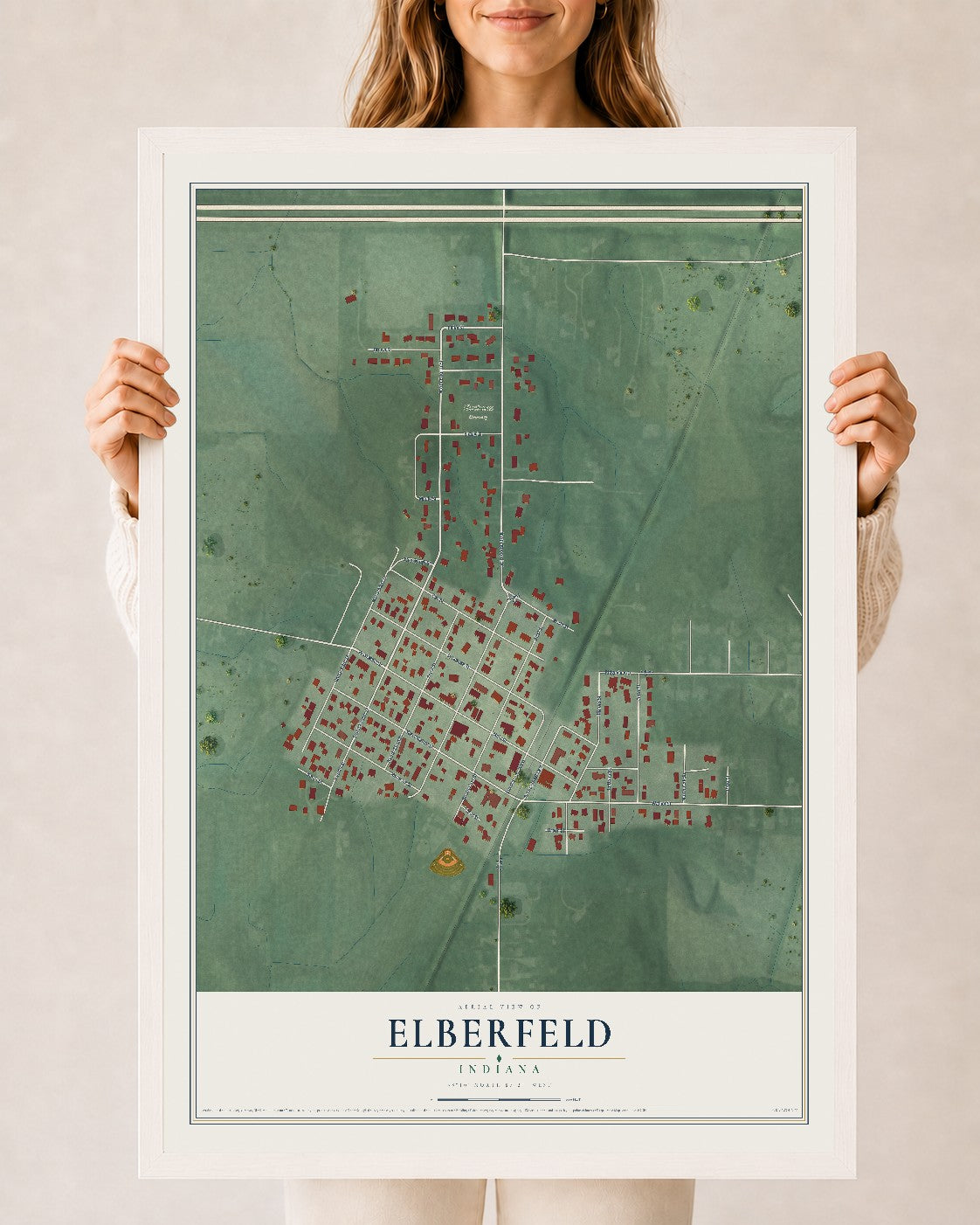 Map of Elberfeld, Indiana, 24 x 36 inch print in a white wood frame