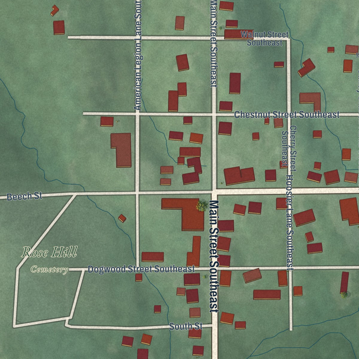 Close-up of the map of Elizabeth, Indiana print showing street and building detail