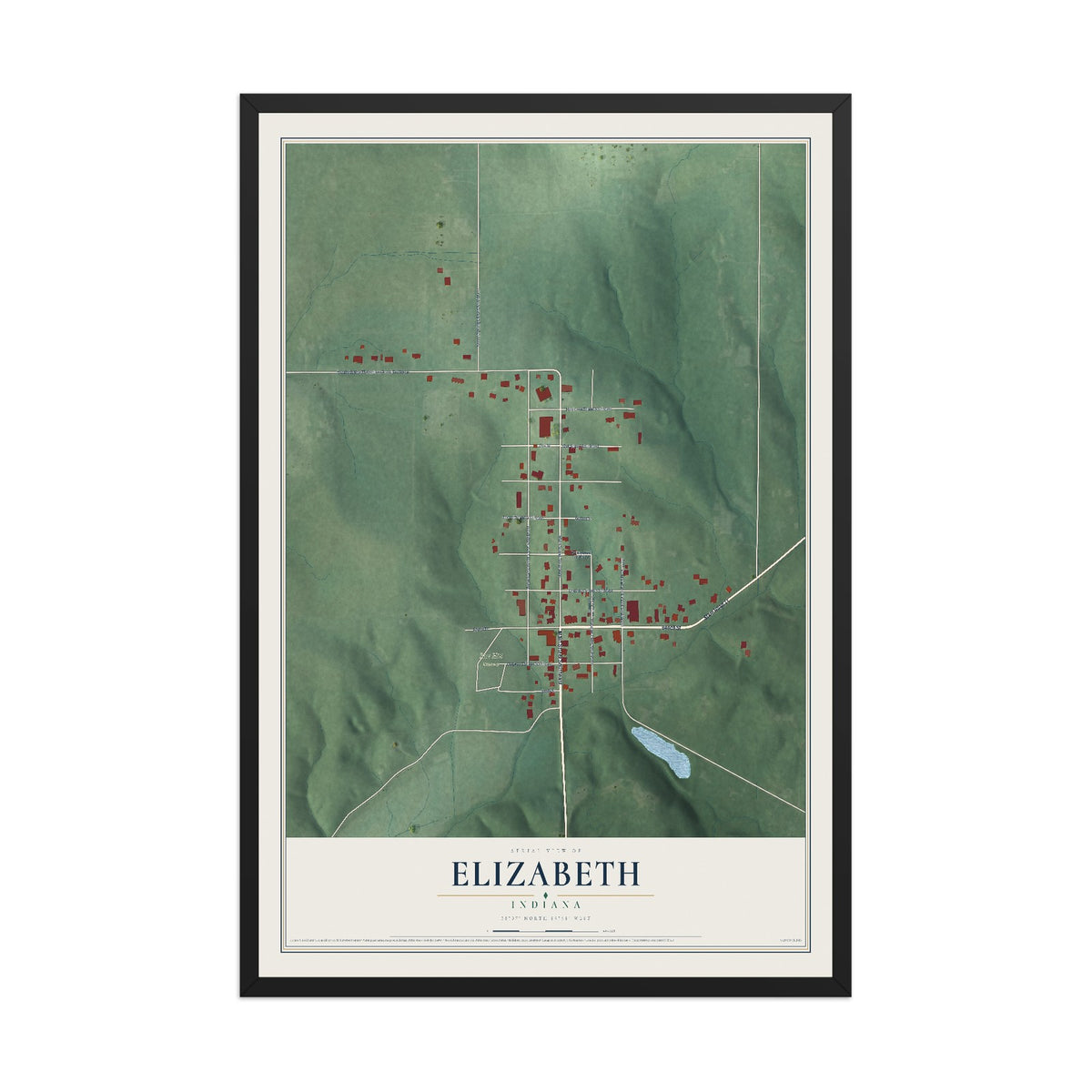 Map of Elizabeth, Indiana, 12 x 18 inch print in a black wood frame