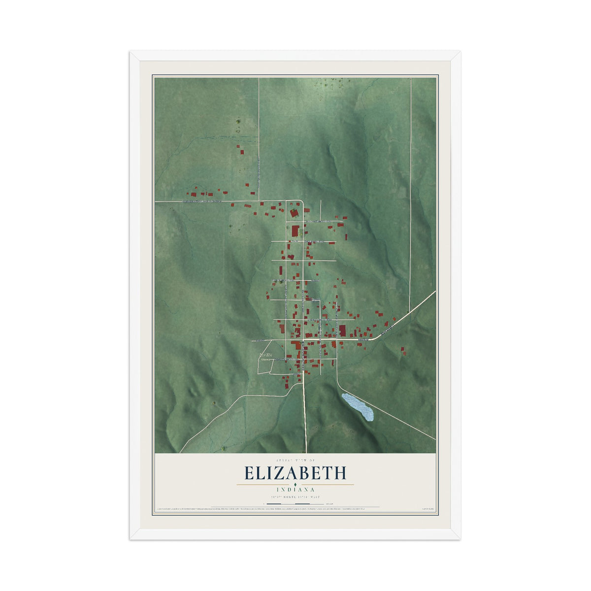 Map of Elizabeth, Indiana, 12 x 18 inch print in a white wood frame