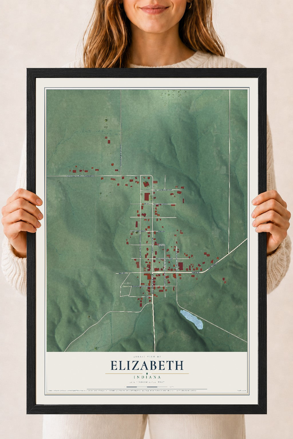 Map of Elizabeth, Indiana, 18 x 24 inch print in a black wood frame