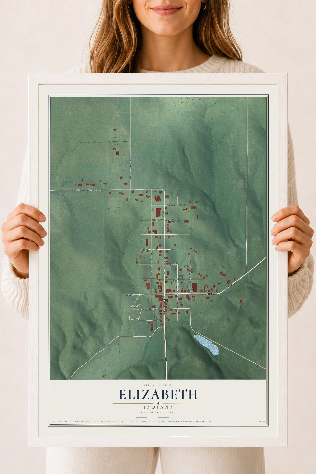 Map of Elizabeth, Indiana, 18 x 24 inch print in a white wood frame