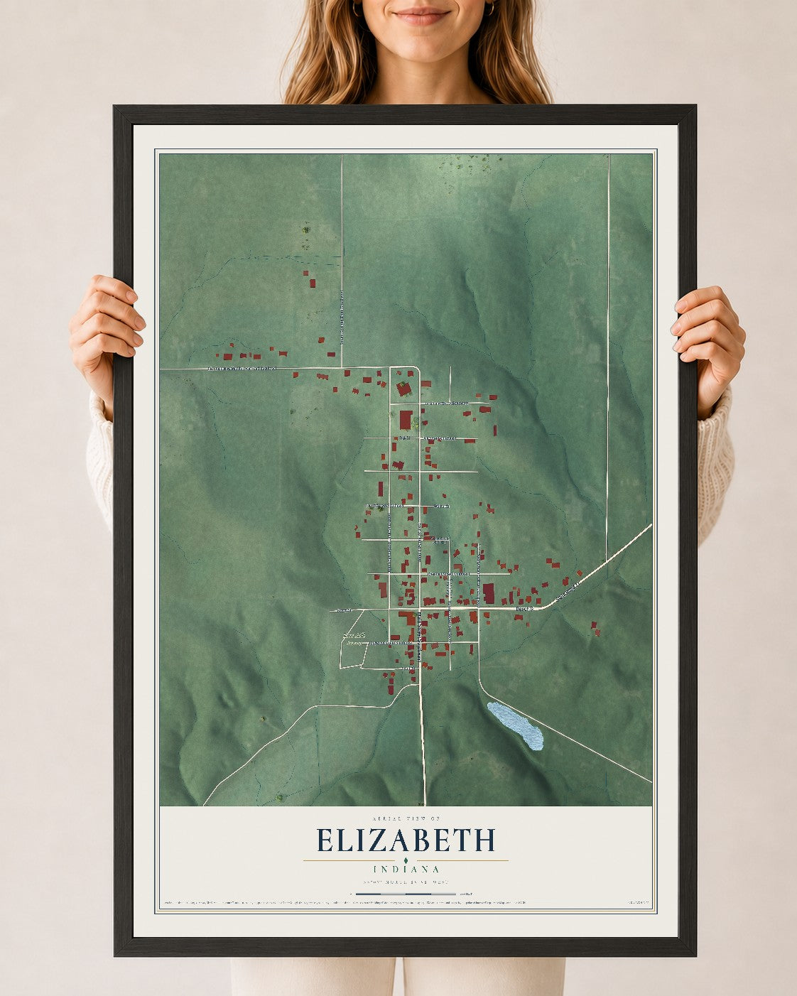 Map of Elizabeth, Indiana, 24 x 36 inch print in a black wood frame