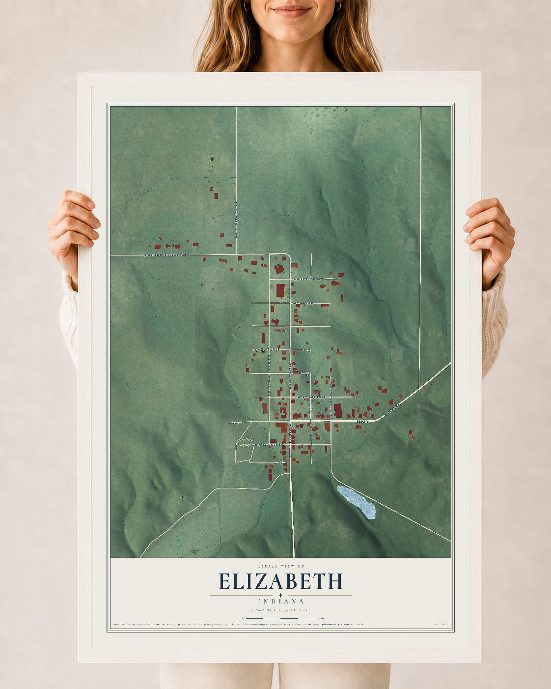 Map of Elizabeth, Indiana, 24 x 36 inch print in a white wood frame