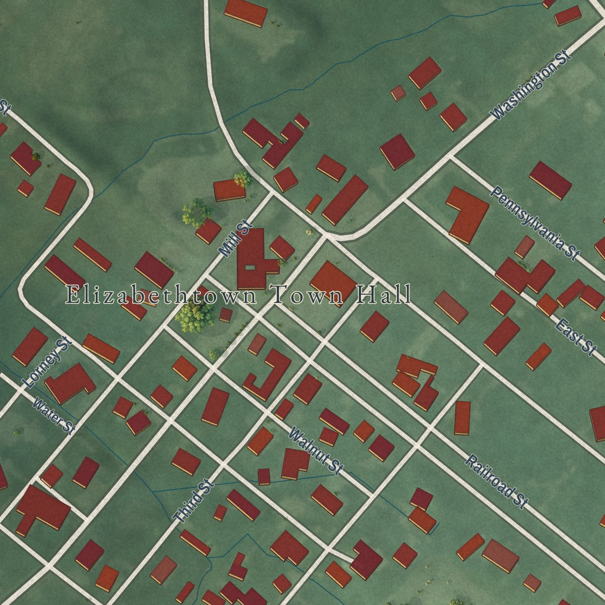 Close-up of the map of Elizabethtown, Indiana print showing street and building detail
