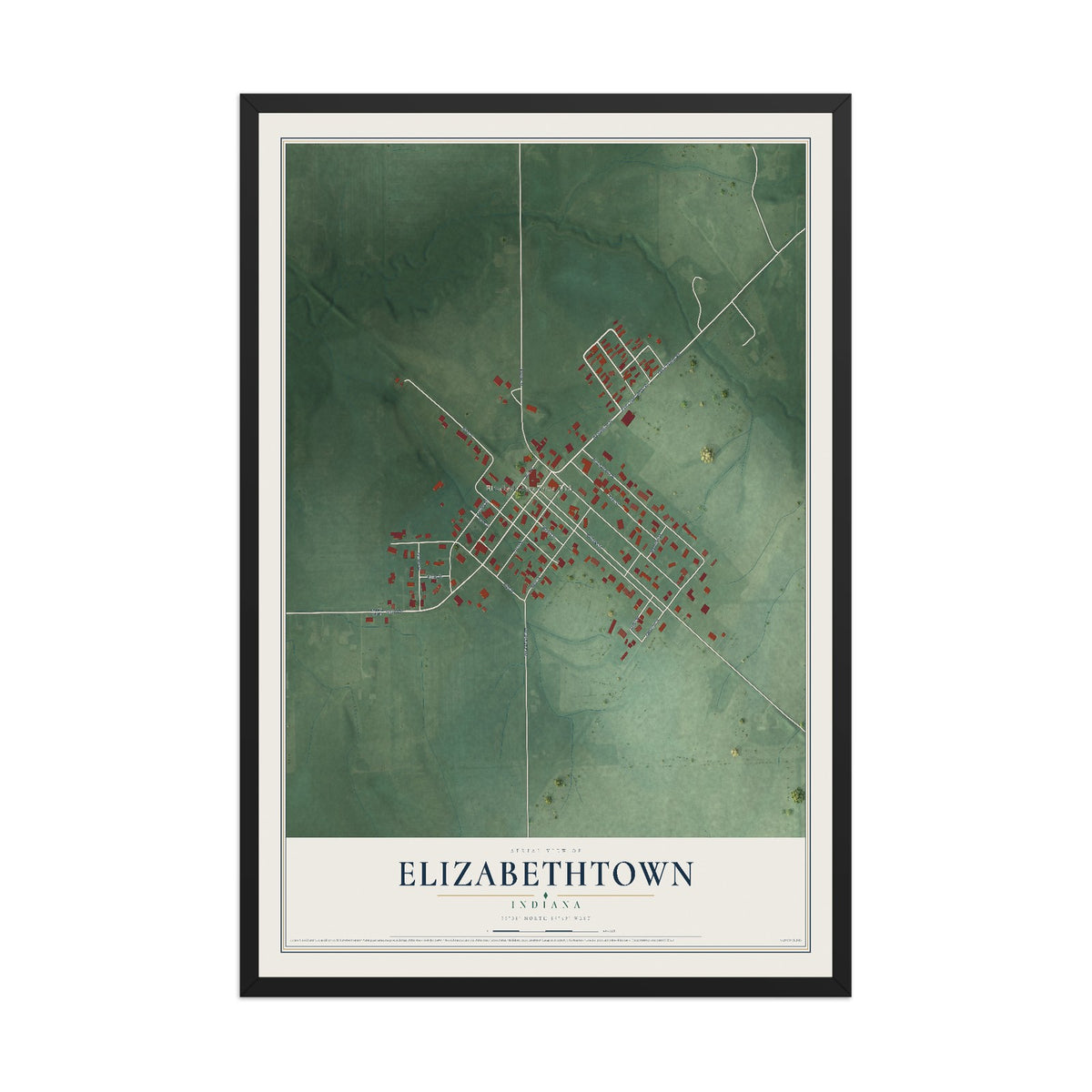 Map of Elizabethtown, Indiana, 12 x 18 inch print in a black wood frame