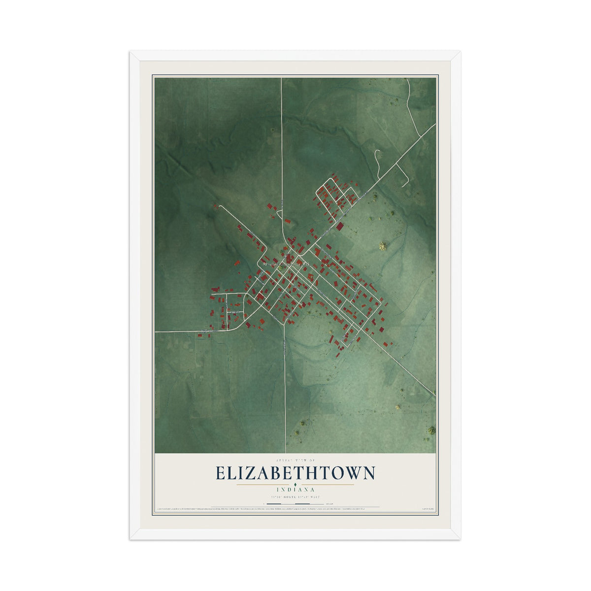 Map of Elizabethtown, Indiana, 12 x 18 inch print in a white wood frame