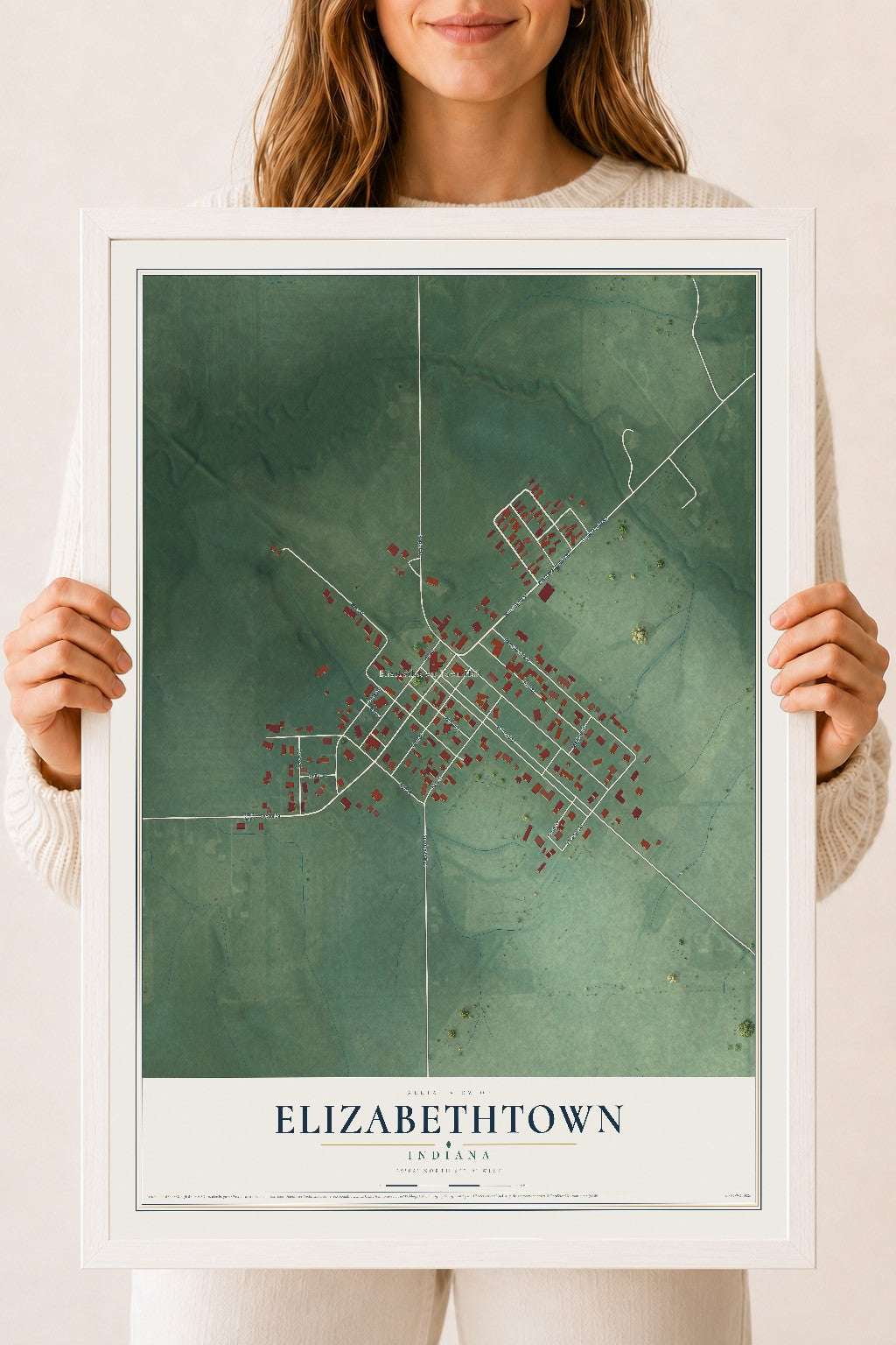 Map of Elizabethtown, Indiana, 18 x 24 inch print in a white wood frame
