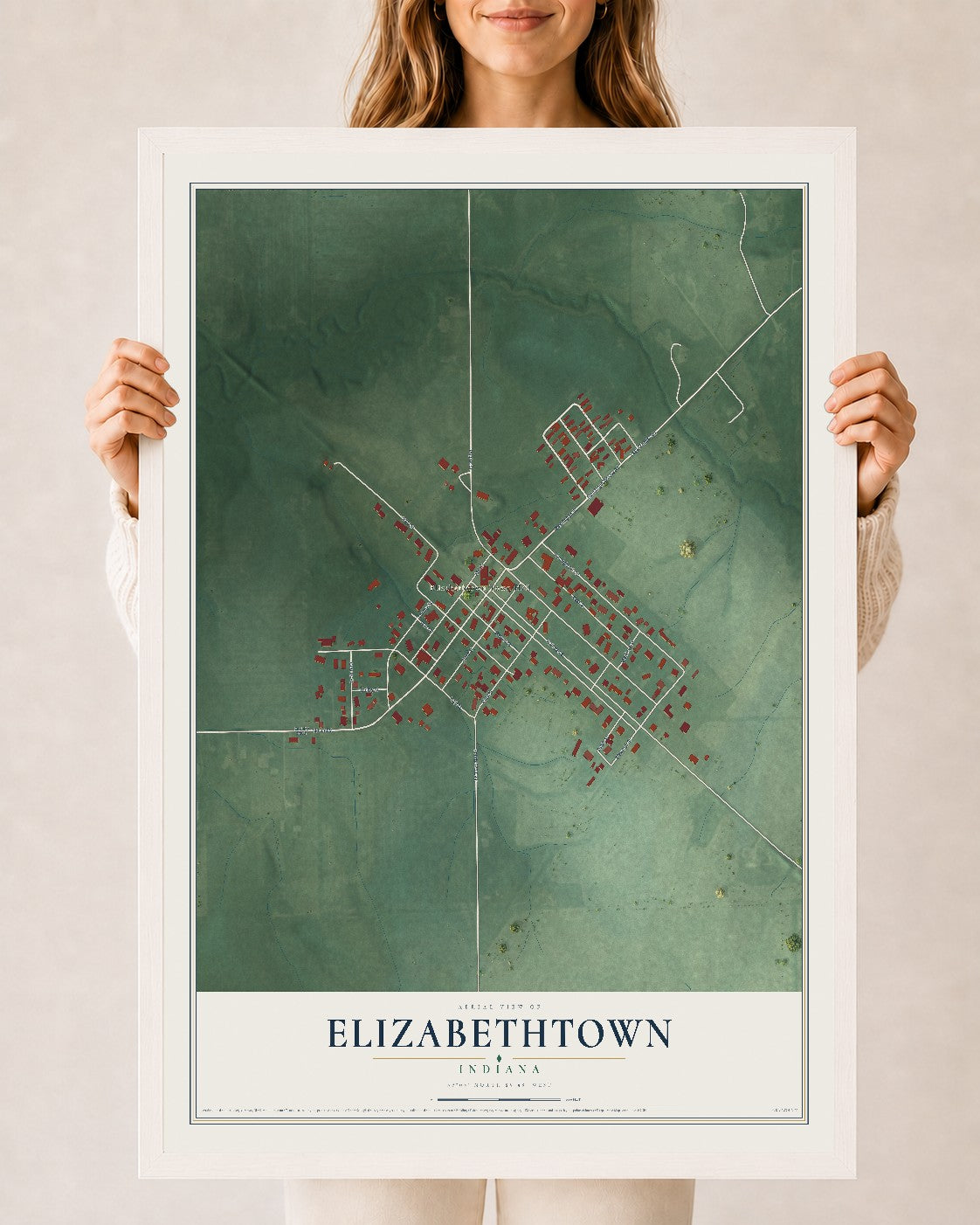 Map of Elizabethtown, Indiana, 24 x 36 inch print in a white wood frame