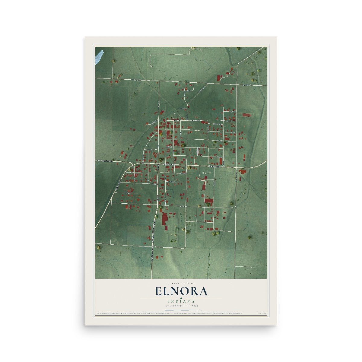 Map of Elnora, Indiana, 12 x 18 inch unframed archival matte print