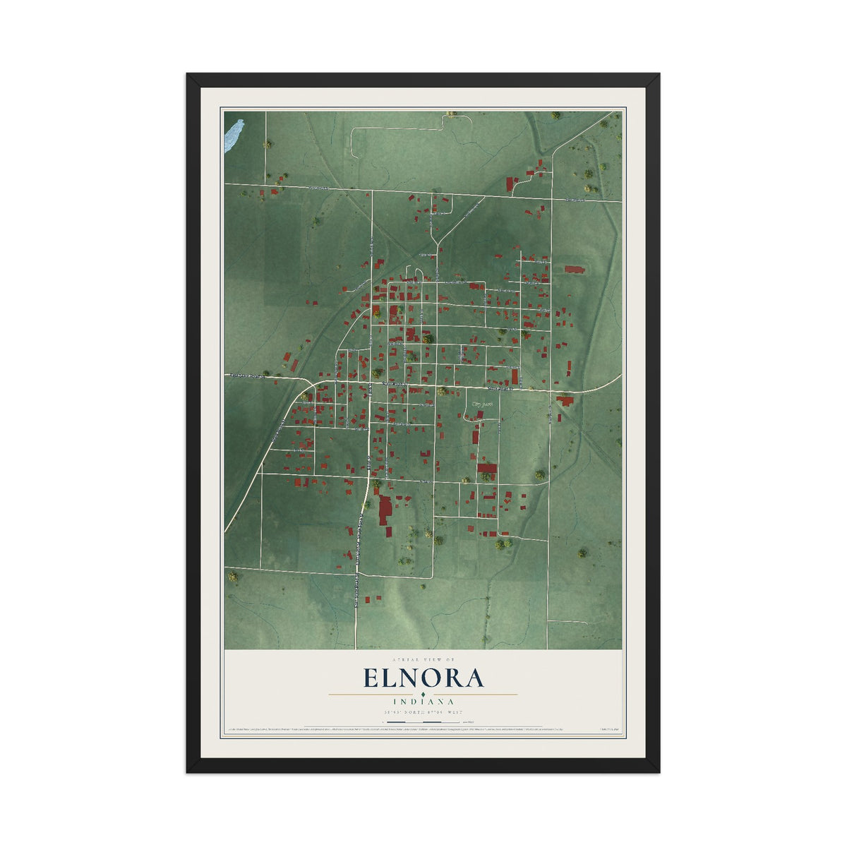 Map of Elnora, Indiana, 12 x 18 inch print in a black wood frame