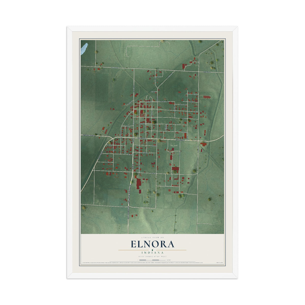 Map of Elnora, Indiana, 12 x 18 inch print in a white wood frame