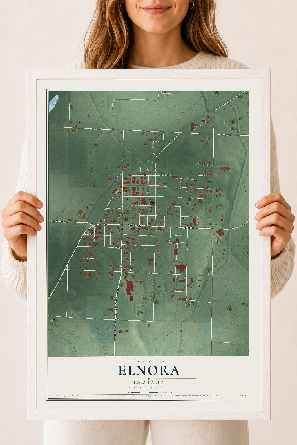Map of Elnora, Indiana, 18 x 24 inch print in a white wood frame