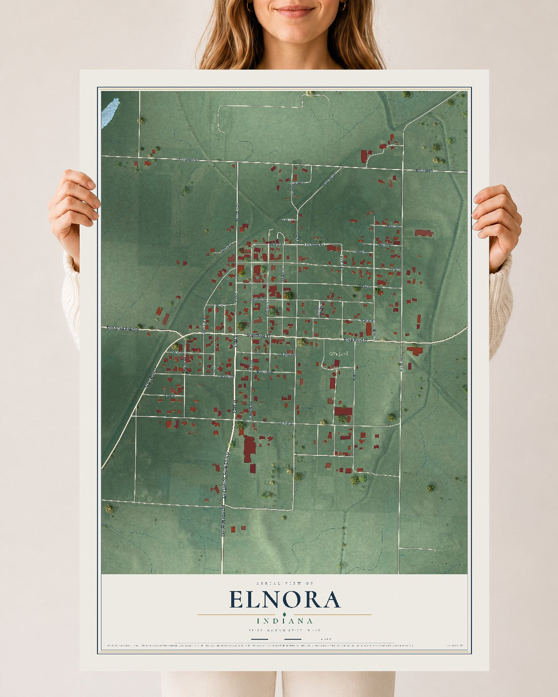 Map of Elnora, Indiana, 24 x 36 inch unframed archival matte print