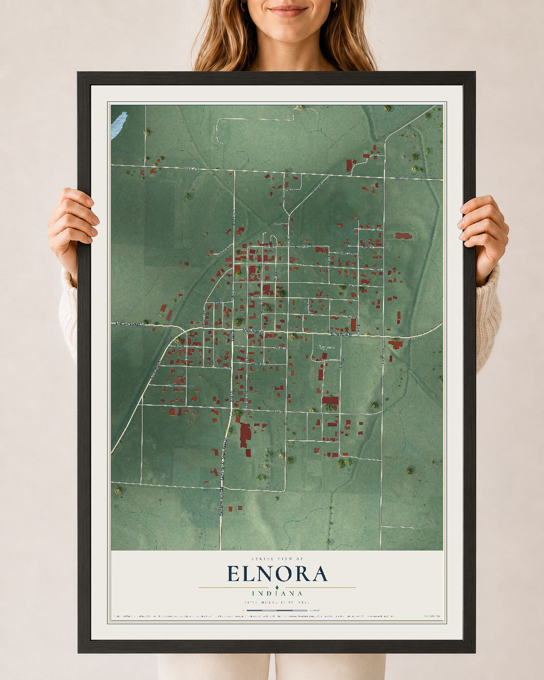 Map of Elnora, Indiana, 24 x 36 inch print in a black wood frame