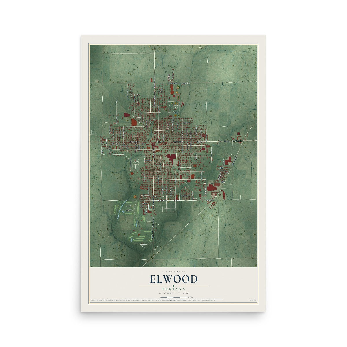 Map of Elwood, Indiana, 12 x 18 inch unframed archival matte print