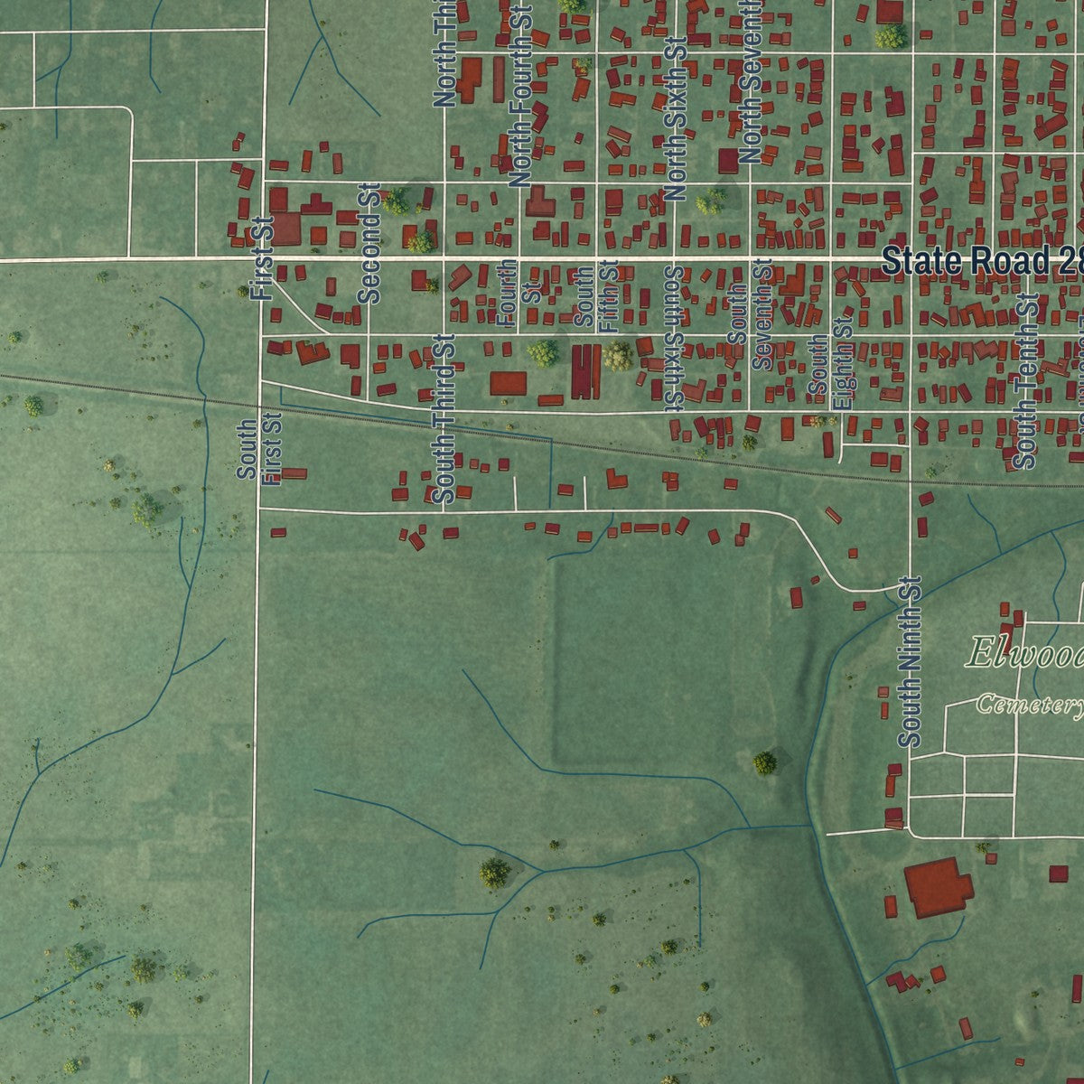 Second close-up of the map of Elwood, Indiana print showing more streets and buildings