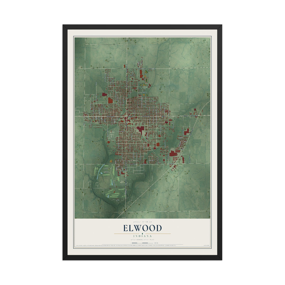Map of Elwood, Indiana, 12 x 18 inch print in a black wood frame