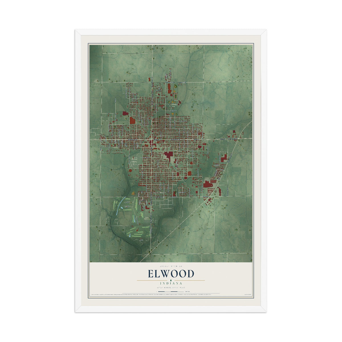Map of Elwood, Indiana, 12 x 18 inch print in a white wood frame