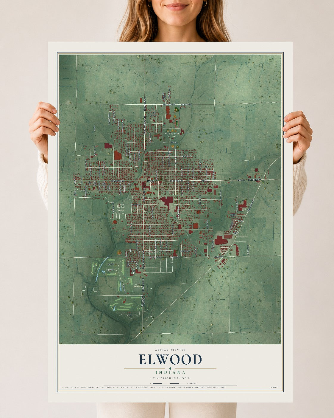 Map of Elwood, Indiana, 24 x 36 inch unframed archival matte print