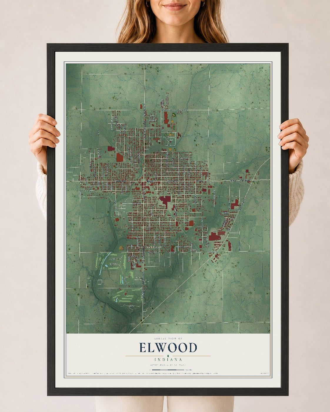 Map of Elwood, Indiana, 24 x 36 inch print in a black wood frame