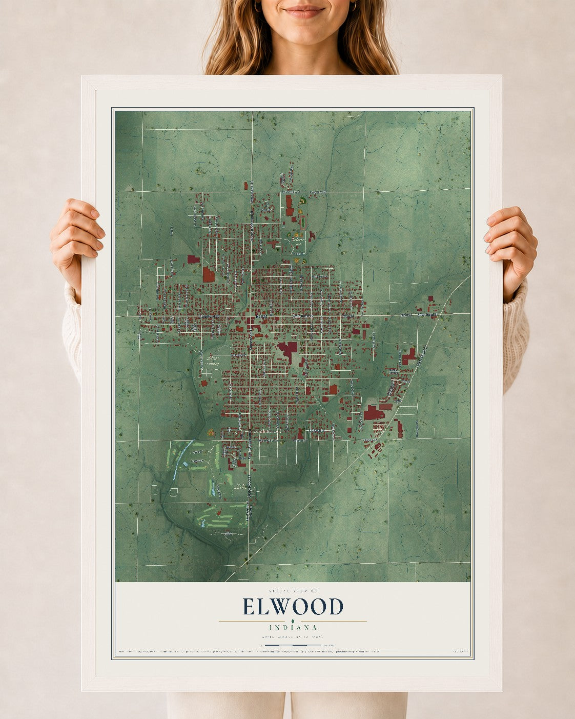 Map of Elwood, Indiana, 24 x 36 inch print in a white wood frame