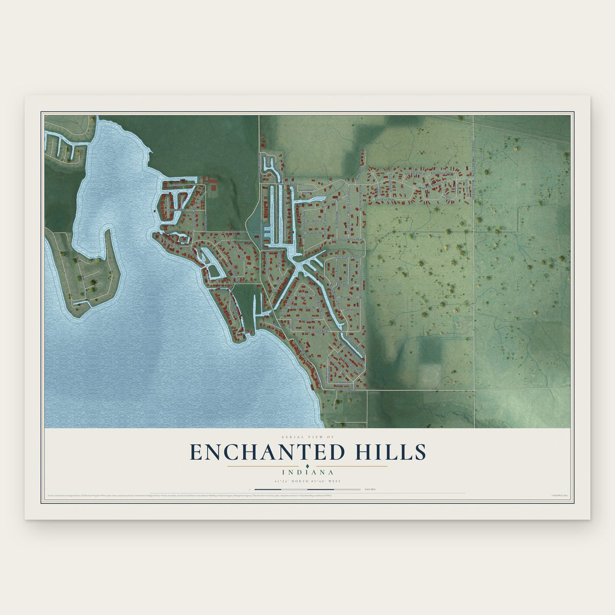 Enchanted Hills, Indiana map print, the full design