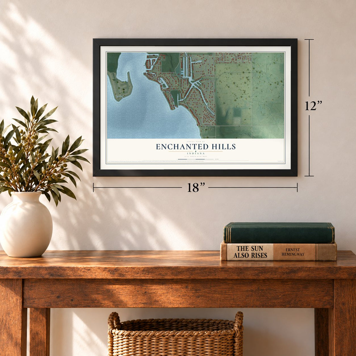 Enchanted Hills, Indiana map, 12 x 18 inch print in a black frame in an entryway