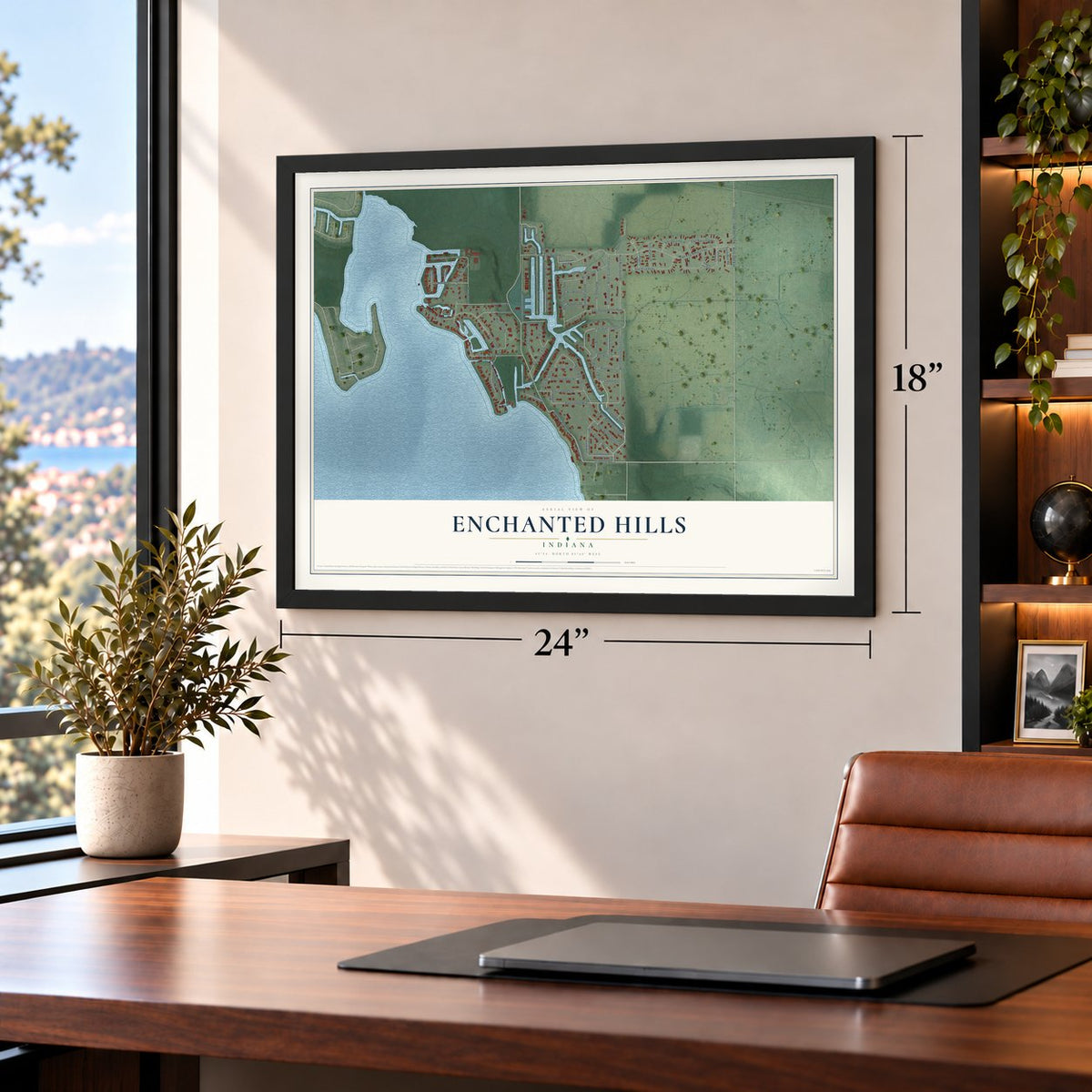 Enchanted Hills, Indiana map, 18 x 24 inch print in a black frame in a home office