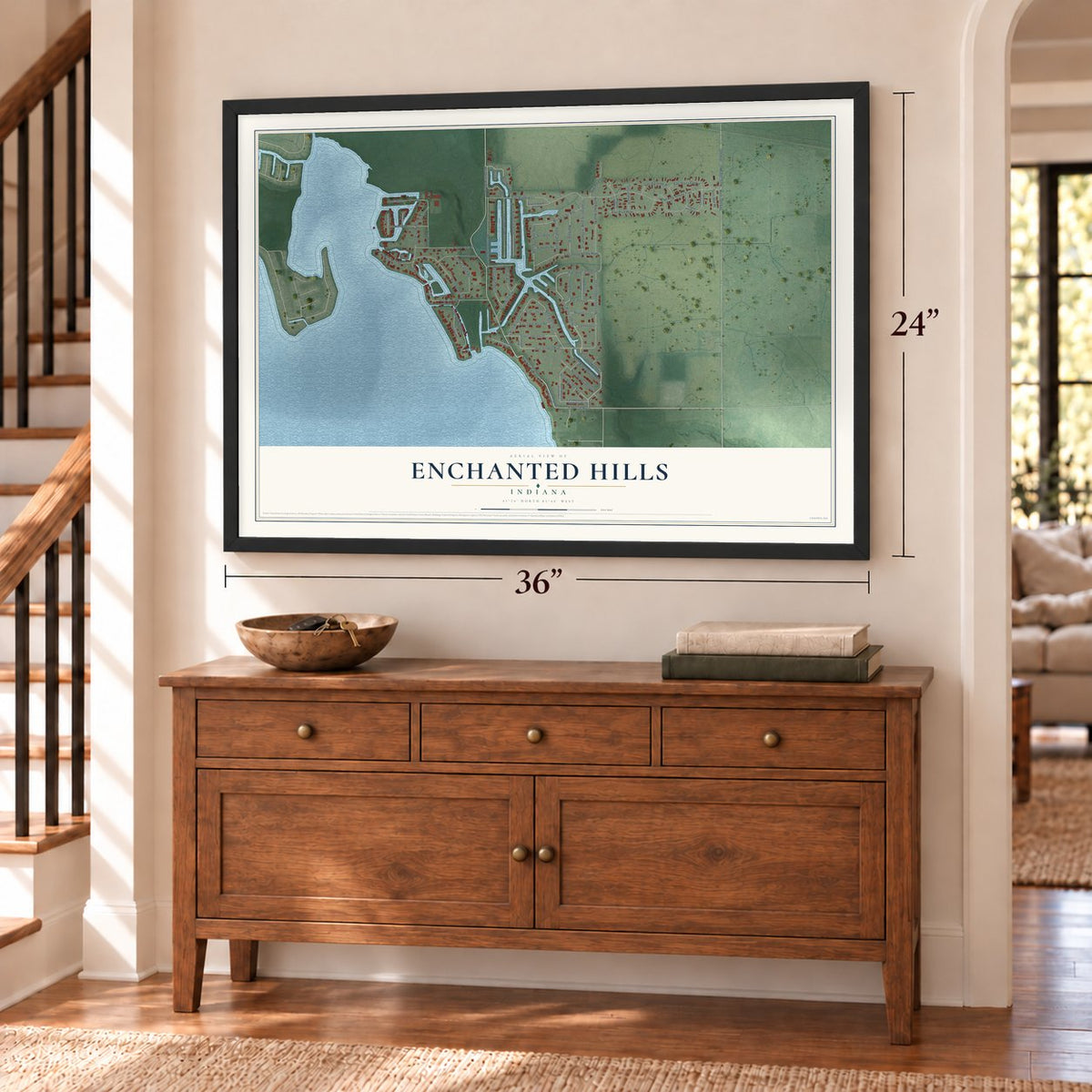Enchanted Hills, Indiana map, 24 x 36 inch print in a black frame above a dresser by a staircase
