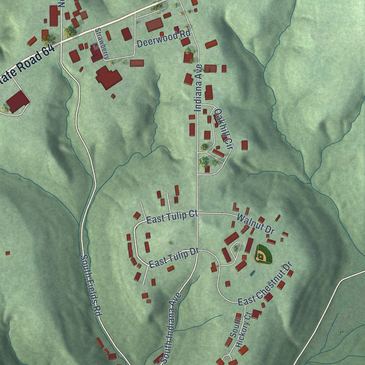 Close-up of the map of English, Indiana print showing street and building detail