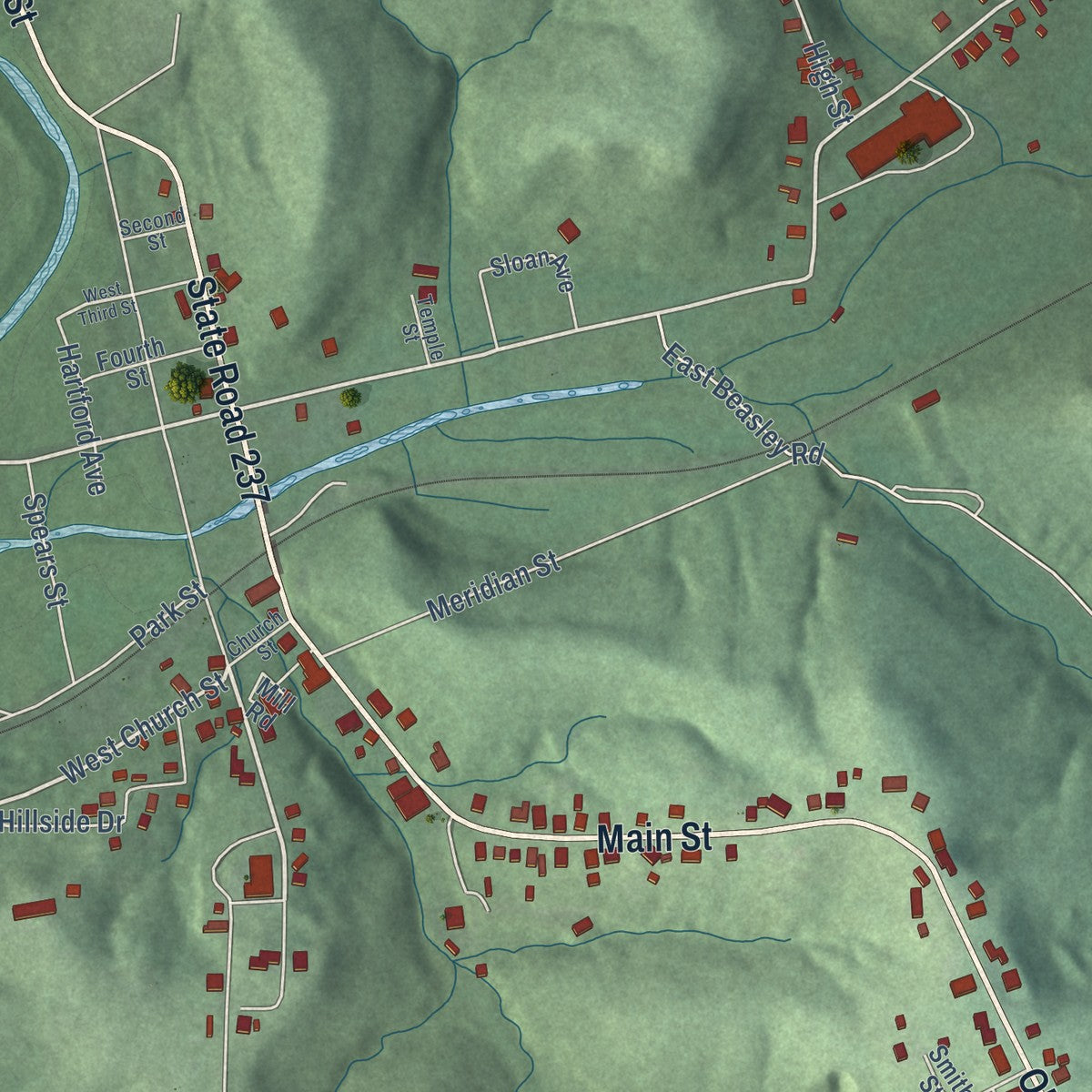 Second close-up of the map of English, Indiana print showing more streets and buildings