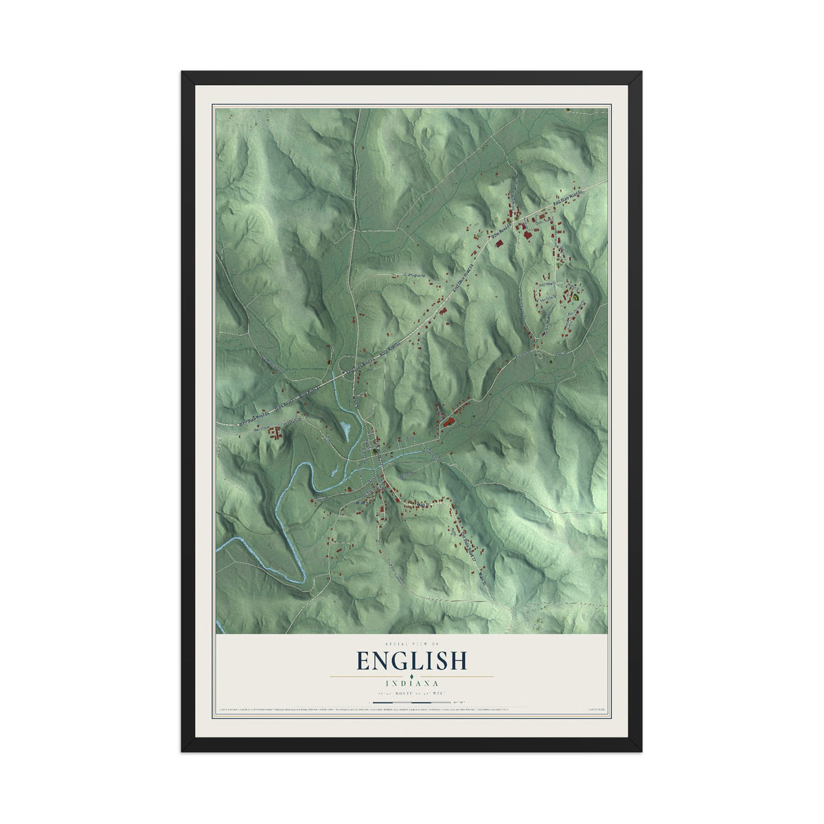 Map of English, Indiana, 12 x 18 inch print in a black wood frame