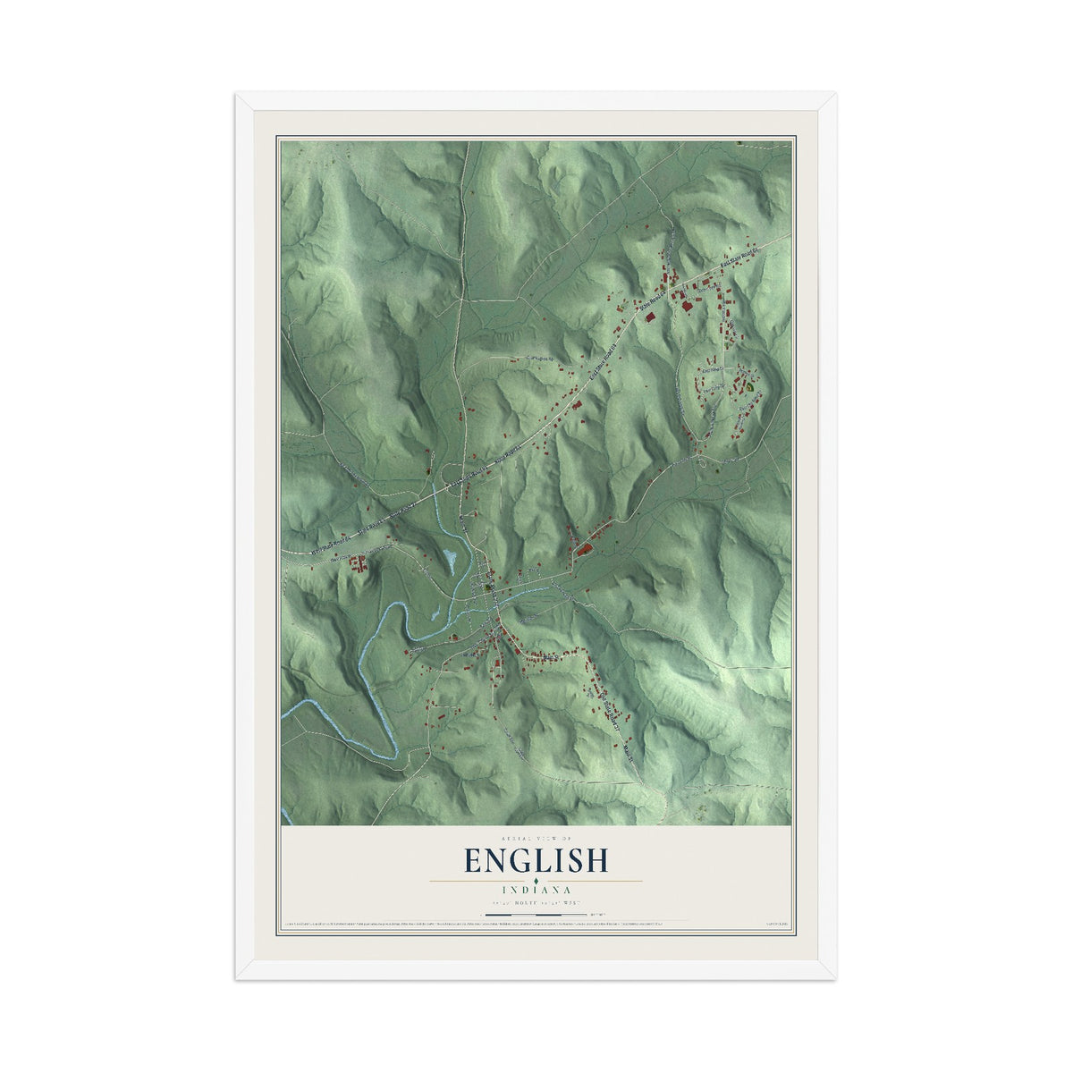 Map of English, Indiana, 12 x 18 inch print in a white wood frame