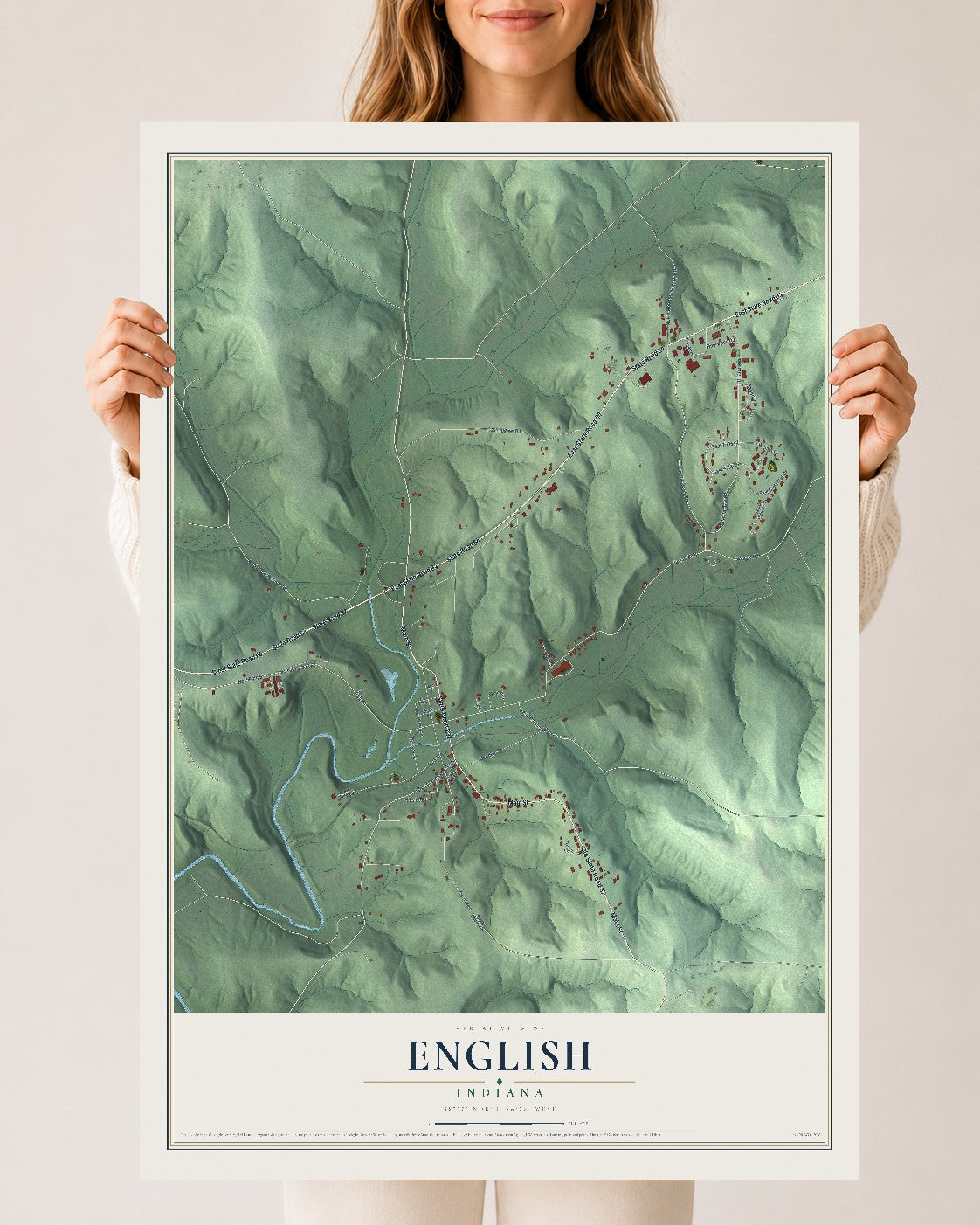 Map of English, Indiana, 24 x 36 inch unframed archival matte print