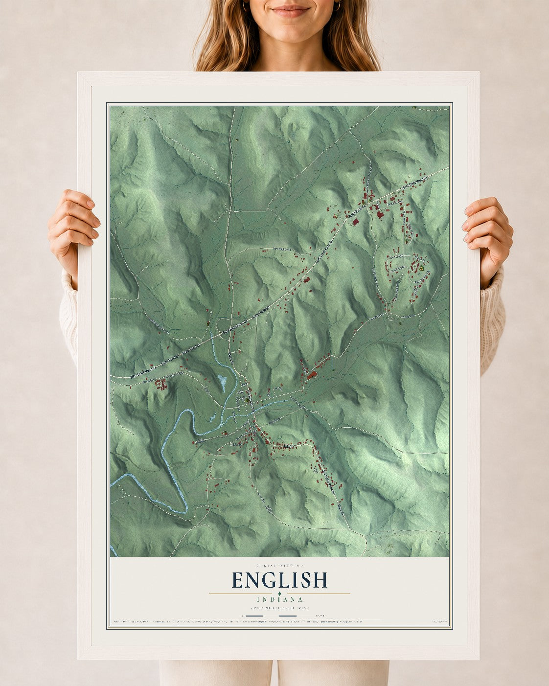Map of English, Indiana, 24 x 36 inch print in a white wood frame