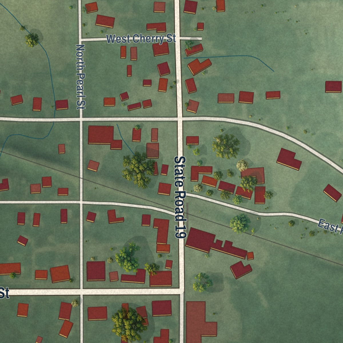 Close-up of the map of Etna Green, Indiana print showing street and building detail