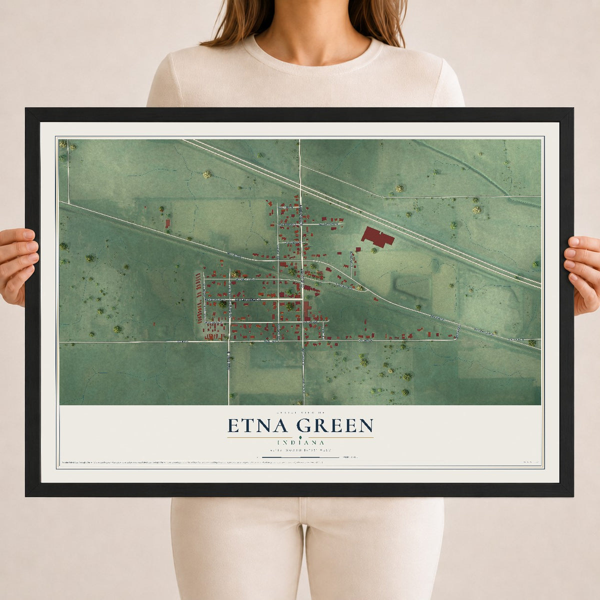 Map of Etna Green, Indiana, 18 x 24 inch print in a black wood frame