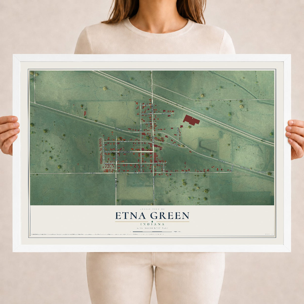 Map of Etna Green, Indiana, 18 x 24 inch print in a white wood frame