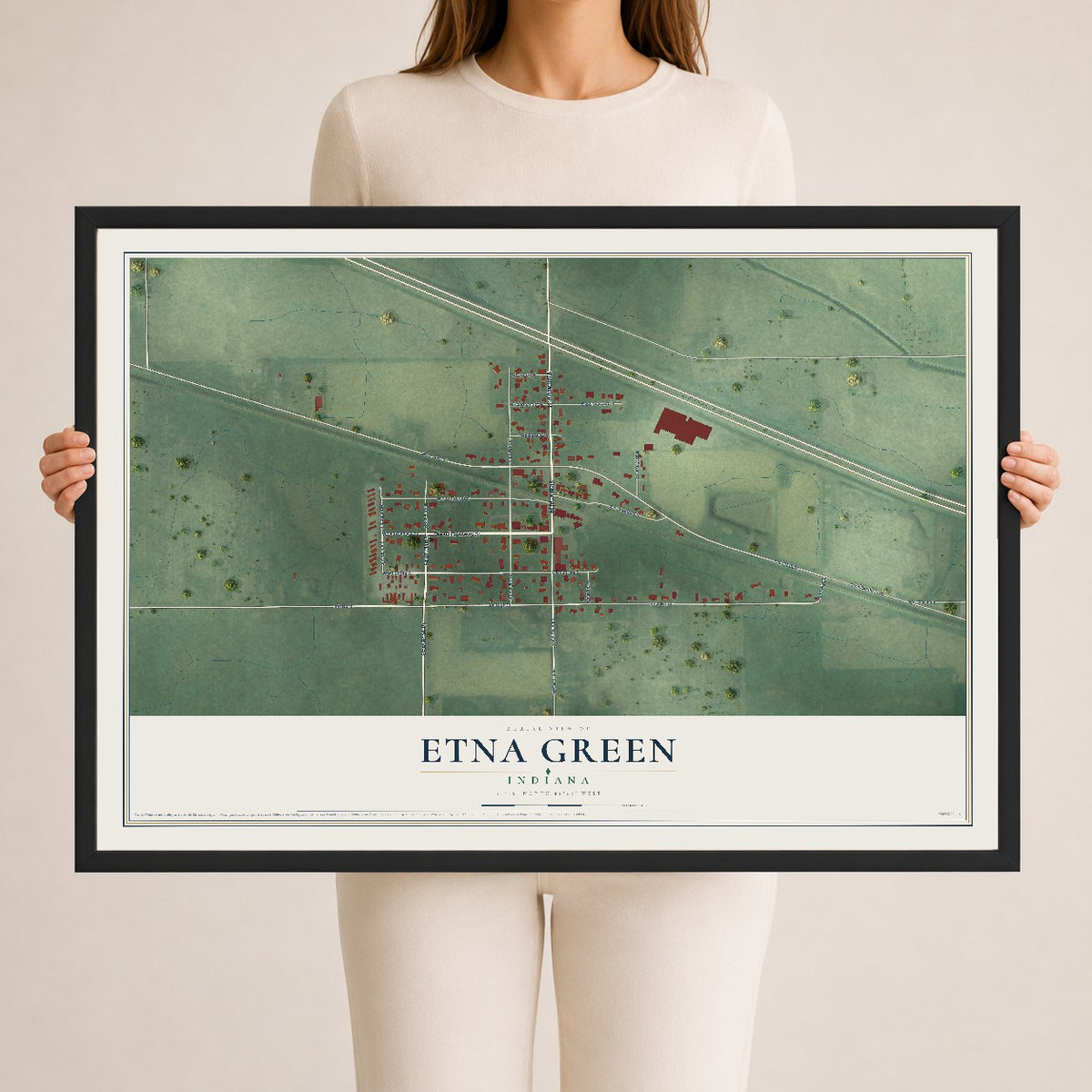 Map of Etna Green, Indiana, 24 x 36 inch print in a black wood frame