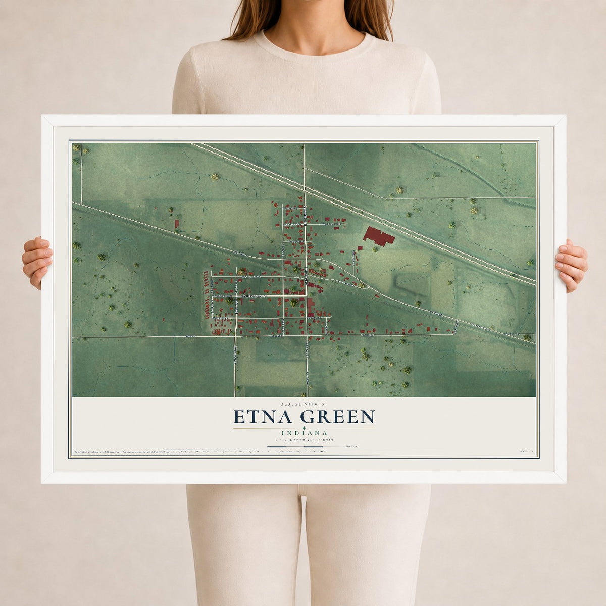 Map of Etna Green, Indiana, 24 x 36 inch print in a white wood frame