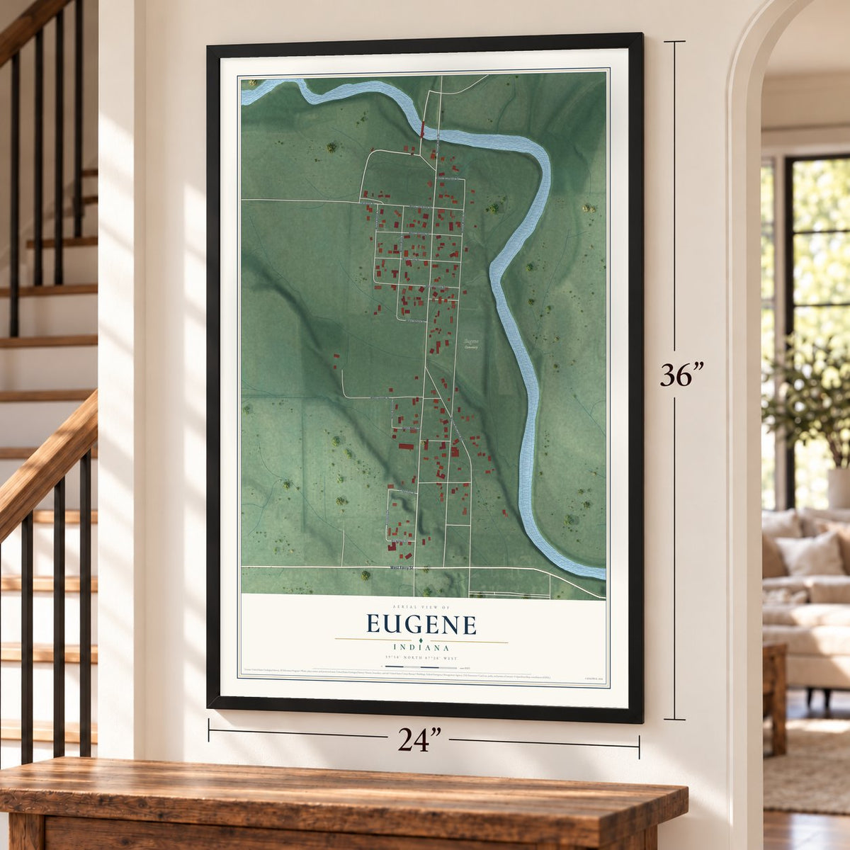 Eugene, Indiana map, 24 x 36 inch print in a black frame by a staircase
